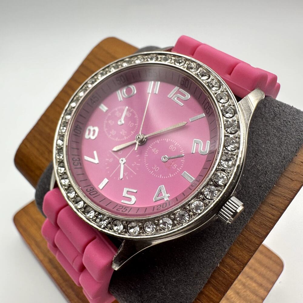 Darice Pink Silicone Strap Watch Silver Tone Crystal Bezel Quartz Analog